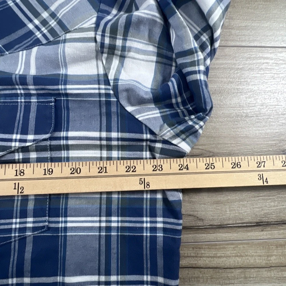 Ely Cattleman Pearl Snap Shirt Mens Large Blue Plaid Wrinkle Resistant